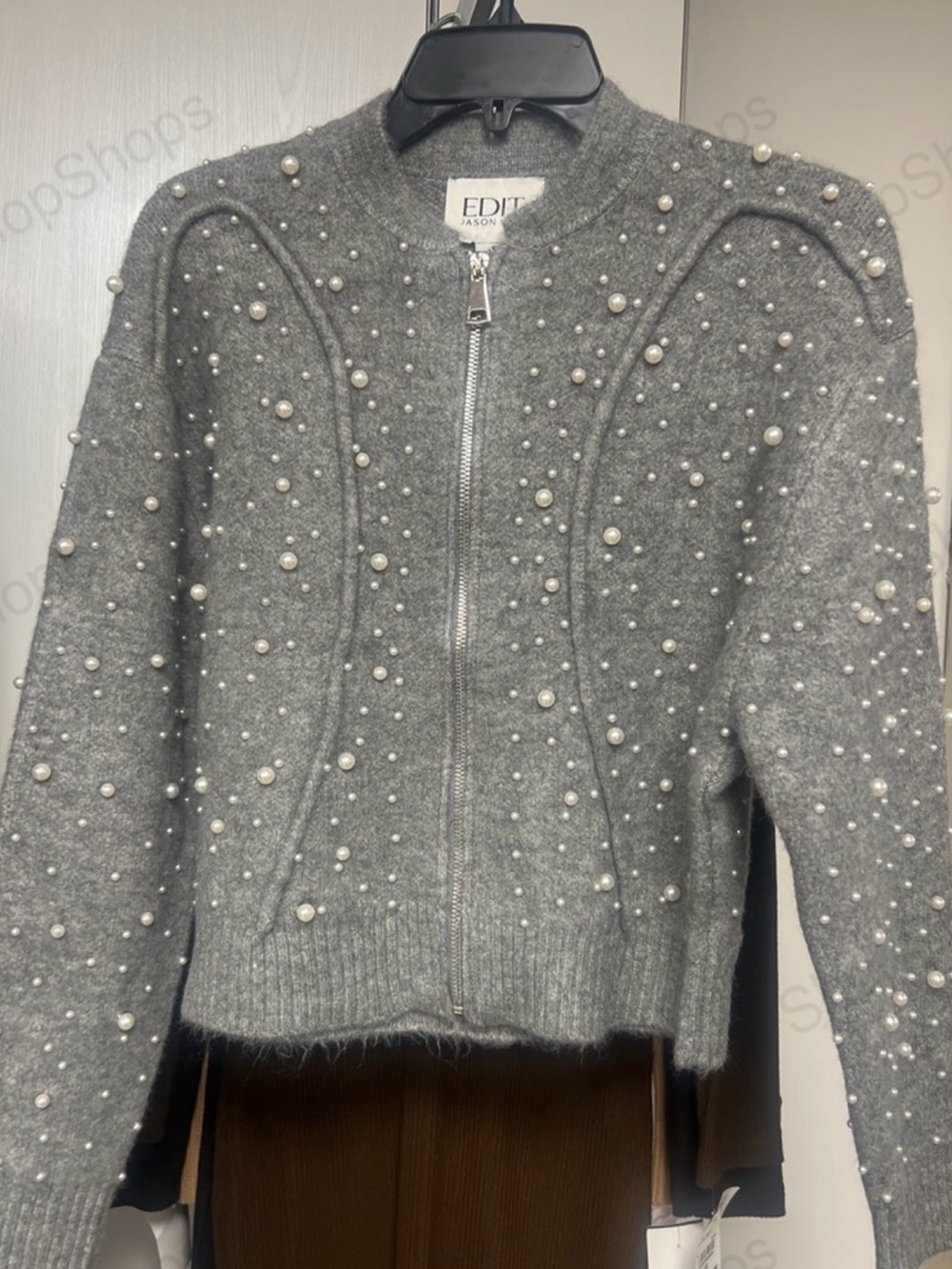 Jason Wu Pearl-Embellished Gray Zip Sweater
